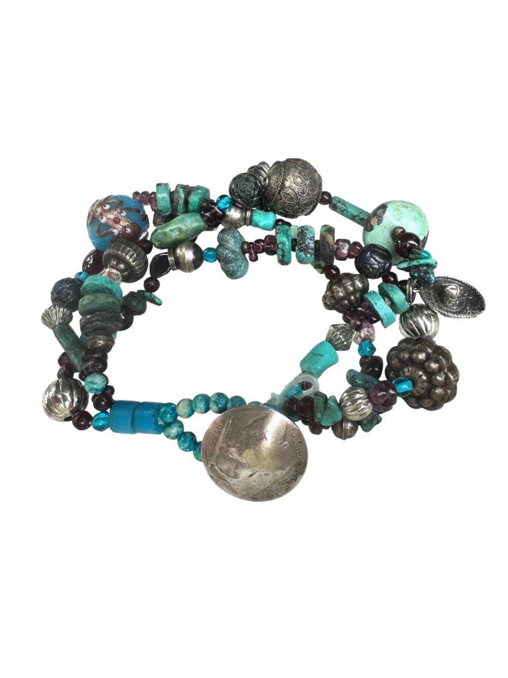 Artisan Indian Head Coin Turquoise & Sterling Silver Beaded Charm Bracelet